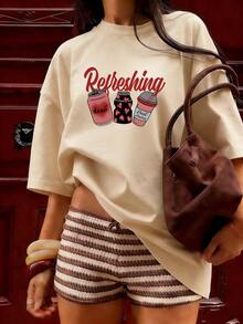 Short-Sleeve T-Shirt With "Refreshing" Slogan And Cans, Jars, And Glasses.  Short-Sleeve T-Shirt For Spring And Summer 2026, Made In Mexico, 180 Grams. Cartoon Print, Couple Design, Suitable For Indoor Or Outdoor Wear. Crew Neck, Unisex, Ideal For Office And Leisure. One-Pack. - APR-P631577SLNDXZGY383 - 查看 3