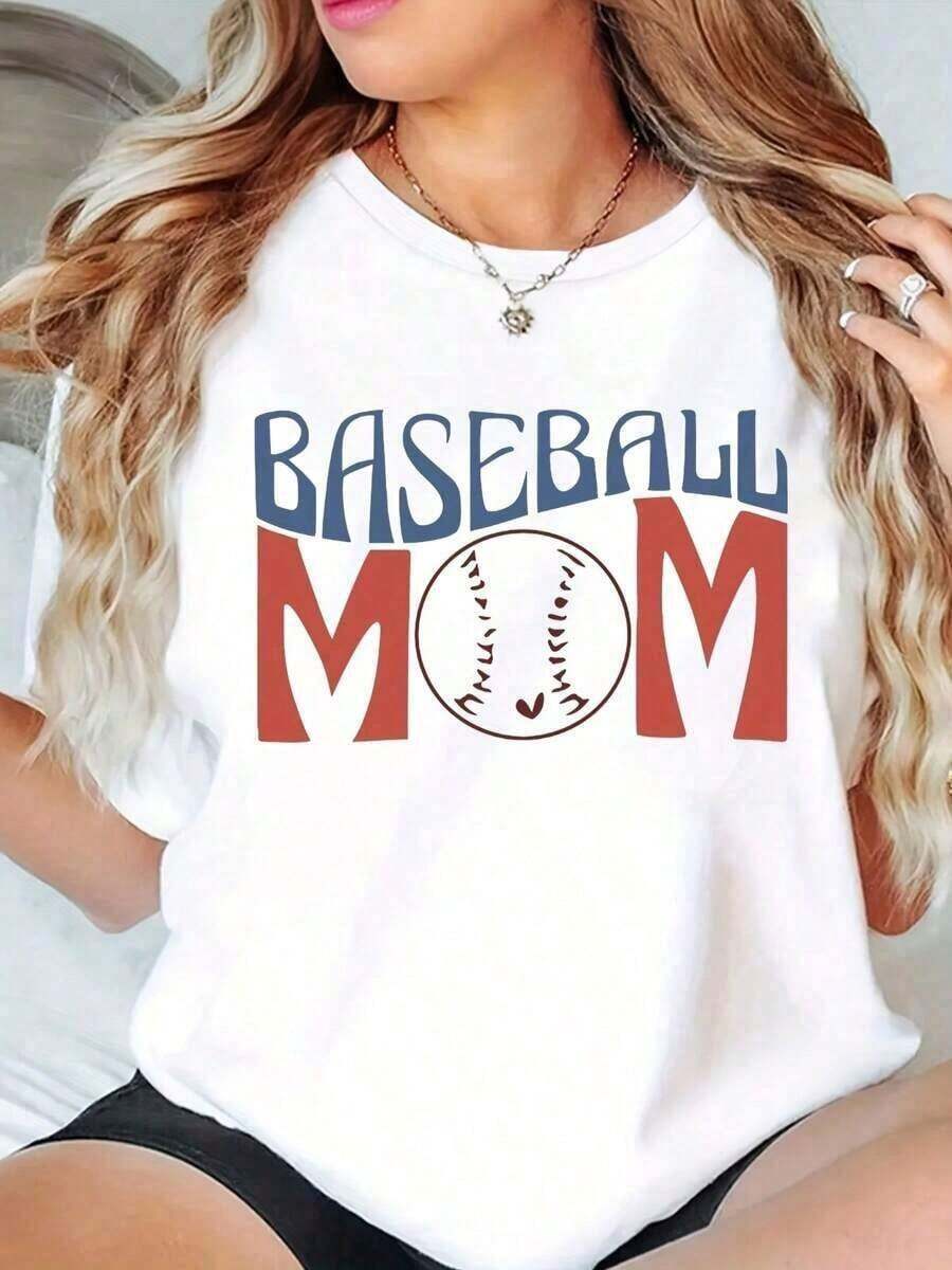 100% Algodón, Camisetas de Mamá de Béisbol, Camisetas Gráficas para Mujeres, Tops Casuales, Talla Grande, Camiseta Linda, Regalos de Moda, Manga Corta , Suave - Blanco - Ver 1