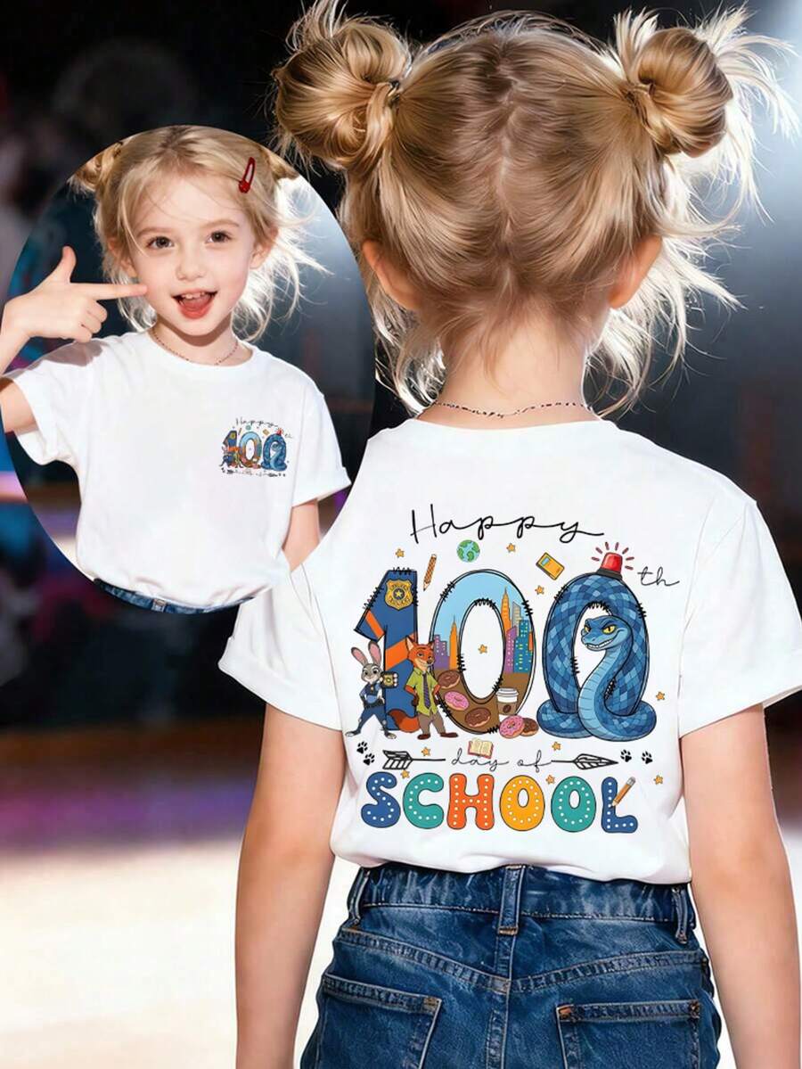 Disney Zootopia Themed 100th Day Of School Girls T-Shirt, Judy Hopps Nick Wilde Print Kids Short Sleeve Top, 2-14Y School Party Tee, Express Delivery - trắng - Xem 1