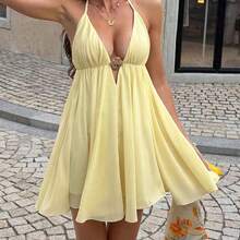 Women's Summer Black Spaghetti Strap Mini Dress, Deep V-Neck Camisole Style Tie-Up Chiffon Flowy Beach Holiday Party Dress Elegant - Amarillo - Ver 6