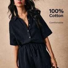 Conjunto De Dos Piezas De Verano Para Mujer, Conjunto De Playa De Dos Piezas, Tela De Texturizado, Raglan Con Puños, Shorts Con Bolsillos Laterales, Adecuado Para Vacaciones, Camisa Suelta Relajada - 1 - Ver 1