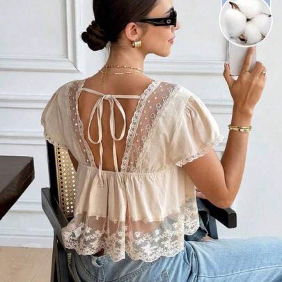 Blusa de mujer con cuello en V, manga corta y espalda con lazo, de encaje y parches, 100% algodón, estilo romántico francés, con diseño de espalda descubierta y mangas abullonadas, versátil para uso diario/casual, verano para mujeres, Día de San Valentín, Carnaval, vacaciones, blusa casual, top Y2K, blusa de encaje, blusa bohemia, top de encaje - Albaricoque - Ver 1