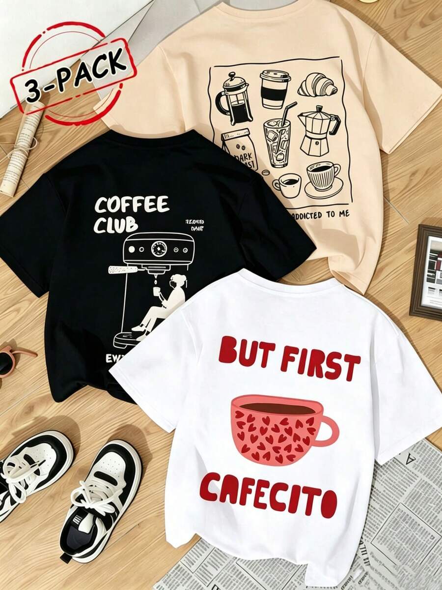 piezas Camiseta de mujer de manga corta 3 piezas/set de camisetas de manga suitable for streetwear, Top oversized cuello redondo daily outings, camping, concerts, hip-hop, rock, and rap events cuello redondo, suelta para el verano, con tema de amante del café, estampado de café, adecuada para vacaciones, oficina, salidas, diario, citas, fiestas, reuniones, calle, carnaval, festivales de música, San Valentín, ocasiones casuales - Negro - Ver 1