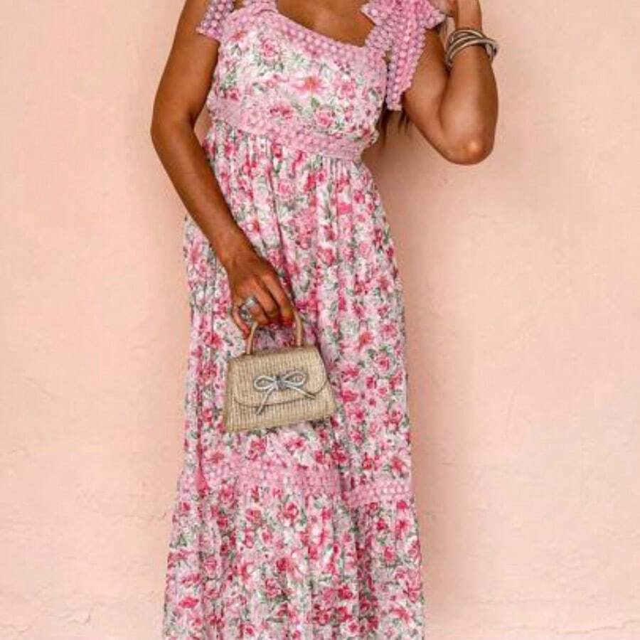 Bohemian Style Multicolor Floral Lace-Up High Waist Dress, Summer Vacation Elegant - Multicolor - Ver 1