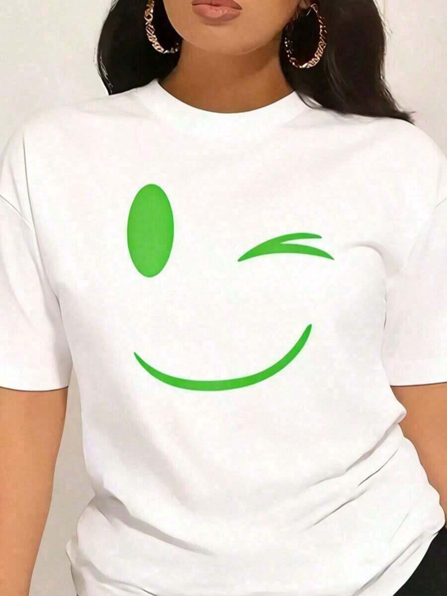 100% cotton Camiseta de manga corta de verano para mujer, ropa de primavera, camiseta de mujer verde neón con estampado de cara feliz - Top casual de manga corta con cuello redondo y estampado brillante, negro y verde lima para primavera, verano y otoño, ideal para fiestas o uso diario, lavable a máquina, holgada y cómoda para el verano.Camisetas holgadas y cómodas, conjuntos de verano para mujer. - Blanco - Ver 1