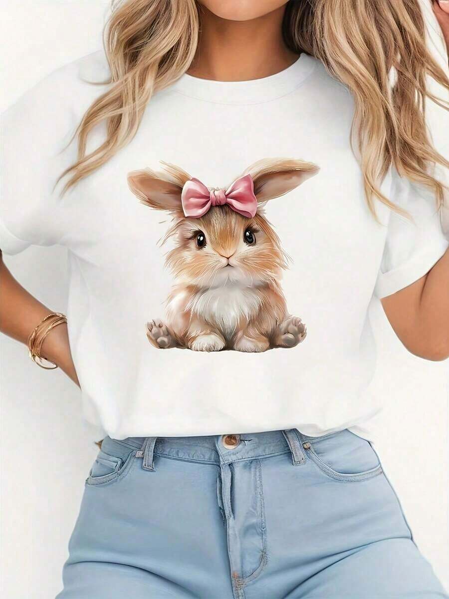 Camiseta de manga corta para mujer, estilo vintage, con estampado de conejo, corte regular, cómoda y elástica, adecuada para uso diario o como ropa casual de verano, transpirable y suave. - Blanco - Ver 1