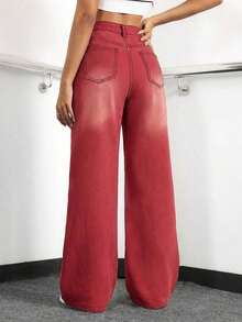 Women's Pocket Button Casual Versatile Daily Wear Wide Leg Jeans - Rojo - Ver 2