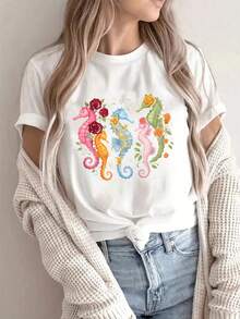 Women's T-Shirt, Soft And Breathable Fabric, Floral And Seahorse Print, Suitable For Everyday Casual Wear, Soft Knit Fabric, Machine Washable, Standard Size - Unisex Cotton T-Shirt With Short Sleeves And Round Neck, Urban Vintage Style. - 白色 - 查看 1