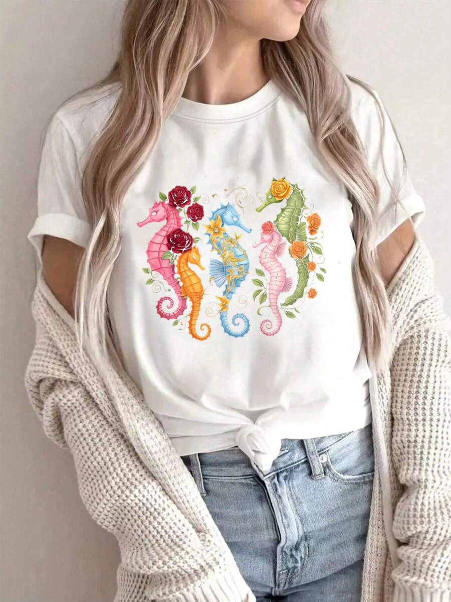 Women's T-Shirt, Soft And Breathable Fabric, Floral And Seahorse Print, Suitable For Everyday Casual Wear, Soft Knit Fabric, Machine Washable, Standard Size - Unisex Cotton T-Shirt With Short Sleeves And Round Neck, Urban Vintage Style. - 白色 - 查看 1