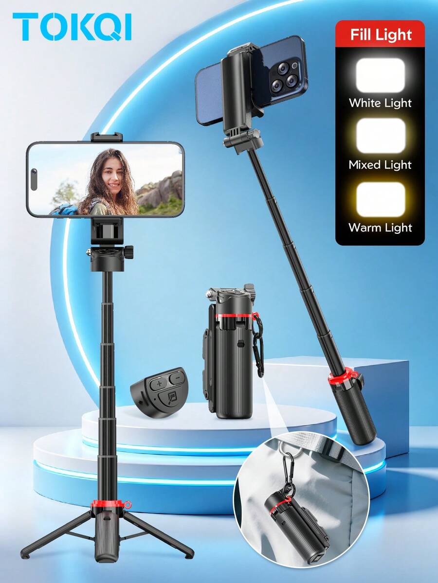 Palo selfie mini portátil 3 en 1, soporte inalámbrico para teléfono con control remoto, trípode de pie portátil y extensible con cordón, compatible con smartphones, adecuado para vlogs, reuniones familiares, grabación de vacaciones, transmisión en vivo y talla grande