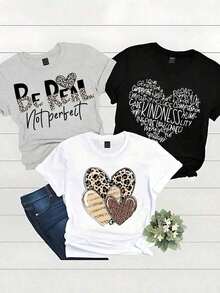 Pack camisetas estampadas mujer Prenda individual, no un conjunto de 3 piezas, 1 piezas/set de camisetas de manga suitable for streetwear, Top oversized cuello redondo daily outings, camping, concerts, hip-hop, rock, and rap events recto manga corte cuello redondo tshirt dama Be real corazón animal print - Negro - Ver 8