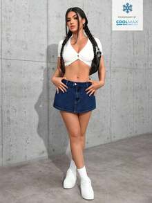 Tall Minifalda vaquera ultracorta, de moda para el verano - Azul lavado oscuro 2 - Ver 4