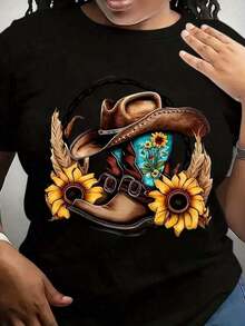 100% Cotton Plus Size T-Shirt For Women With Vibrant Sunflower Print And Denim - Short Sleeve Crew Neck T-Shirt, Machine Washable, Casual Spring Summer Top, Western Theme Graphic T-Shirt With Geometric Design, Casual Denim Style Clothing - 180G Soft And Skin Friendly - 黑色 - 查看 8