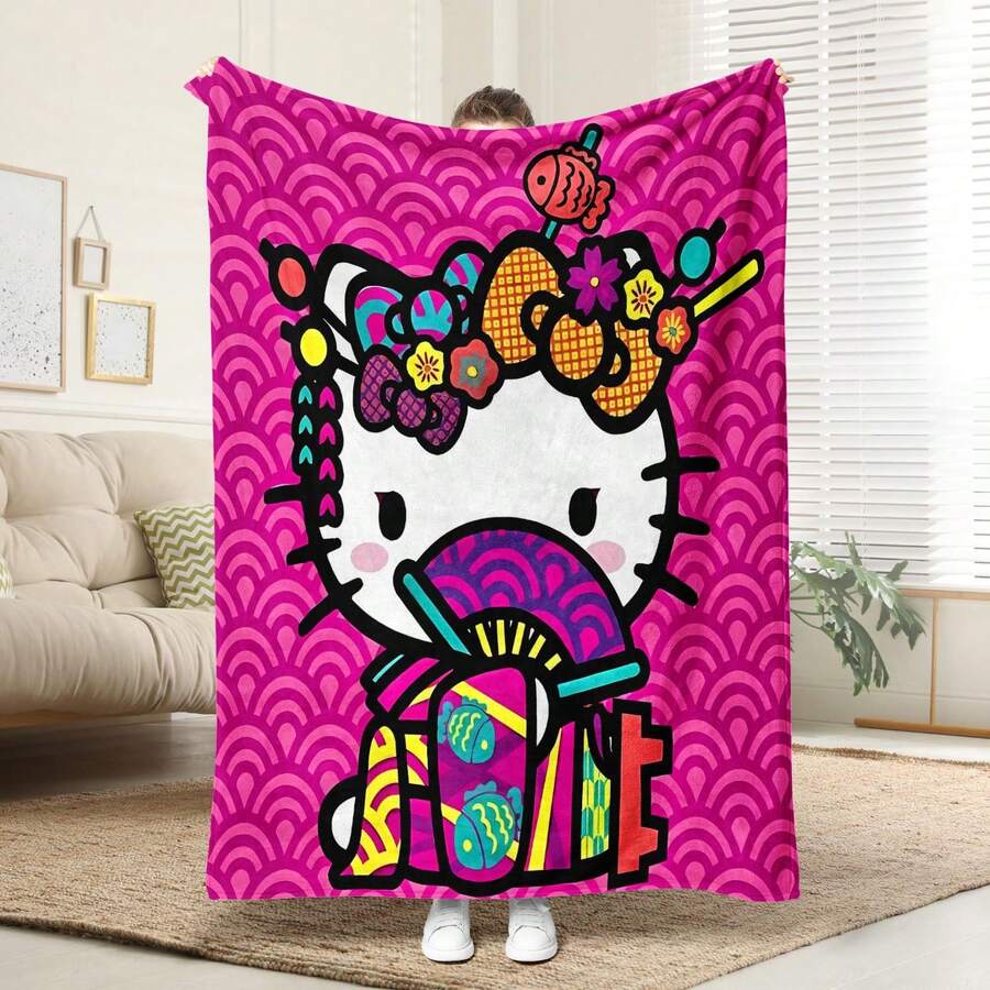 1pc Comfortable Hello Kitty Pink Plaid Pattern Flannel Blanket, Soft Polyester Knitted Design, Versatile Use, Machine Washable, Ideal Gift For Home, Travel, Outdoor, All Seasons - Perfect For Sofa, Bed, Office Or Travel, Watching Movies, Napping, Bedroom, Office, Car, Sanrio Blanket - Multicolor - View 1