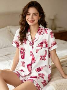 Sleepwear With Printed Collar Short-Sleeved Shorts For European-Style Home Wear. Loose And Comfortable Cardigan. - Pink - View 9