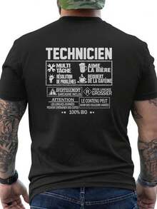 Men's Summer T-Shirt With Technician Humor - Back Print With French Technical Phrases - High-Quality 100% Cotton T-Shirt - Breathable Everyday T-Shirt For Technicians, Mechanics, Engineers - Sizes S-3XL - Casual Fit For Work And Daily Wear, Engineer T-Shirt, All-Season Clothing, Geometric Pattern T-Shirt, Durable Fabric, Mechanic's Clothing, Short Sleeve T-Shirt, Soft Material, Printed T-Shirt, Mechanic's Clothing, Loose And Comfortable For Summer. - Back - View 1