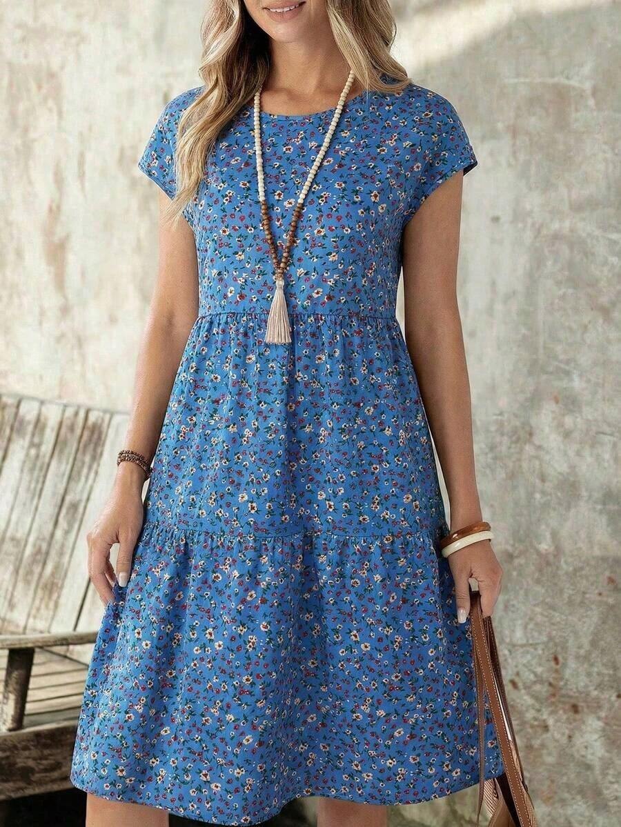Vestido midi de manga corta, cuello redondo y corte holgado para mujer, adecuado para el verano - lago azul - Ver 1