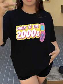 Talla Grande - Camiseta Gráfica Retro de Mujer de los Años 2000 - Diseño Vintage de los Años 2000 con Estampado Retro Colorido, Cuello Redondo Casual, Top de Manga Corta para Primavera y Verano, Camisetas para Damas - Negro - Ver 6