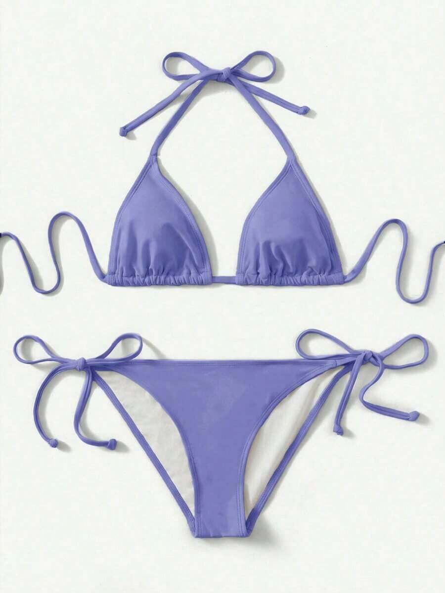 Women's Simple Solid Color Swim Bikini With A Halter Neck And Cutout, Suitable For Beach Vacations And Summer. - Blue - View 1