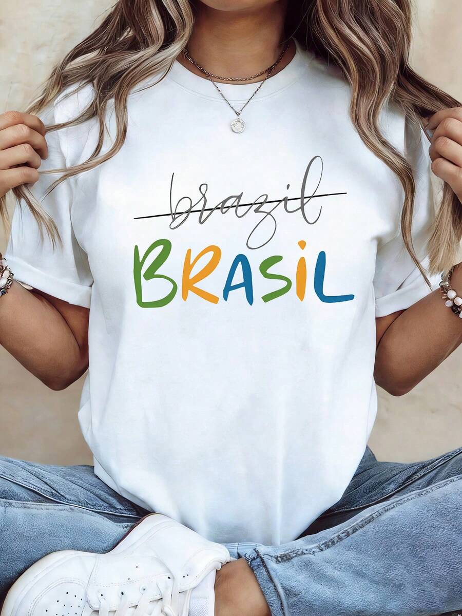 Plus Size, Women's Plus Size T-Shirt With Brazil Graphic Print, Short Sleeve, Round Neck, Casual Top For Summer And Spring, Women's Clothing - 白色 - 查看 1