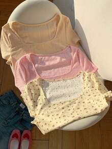 3 piezas de camisetas cortas básicas de cuello redondo y cortas para mujer en marrón café y blanco, ropa de otoño - Multicolor 2 - Ver 1