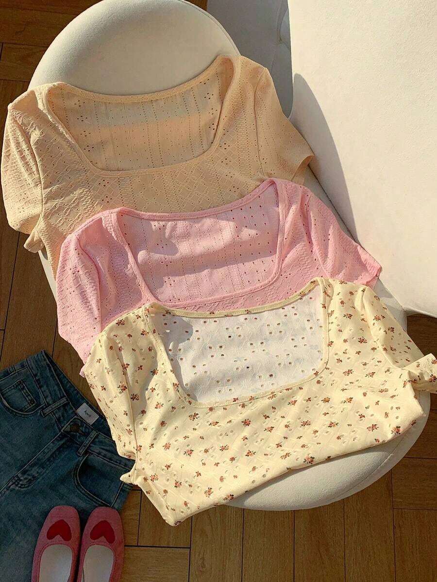 3 piezas de camisetas cortas básicas de cuello redondo y cortas para mujer en marrón café y blanco, ropa de otoño - Multicolor 2 - Ver 1
