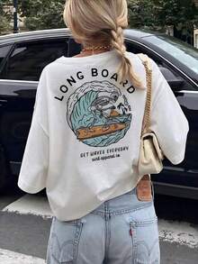 Women's Round Neck Printed Short Sleeve T-Shirt, Casual Loose Fit, Super Soft & Comfortable Fabric, Ins Street Fashion Style, Classic All-Match Graphic Tee, Breathable Lightweight Daily Basic Top, Perfect For Daily Wear, Casual Vacation, Office Commute, Outdoor Going Out, Weekend Gathering, Shopping And Leisure Activities, Ladies  Oversized Casual Pullover T-Shirt - 白色 - 查看 1