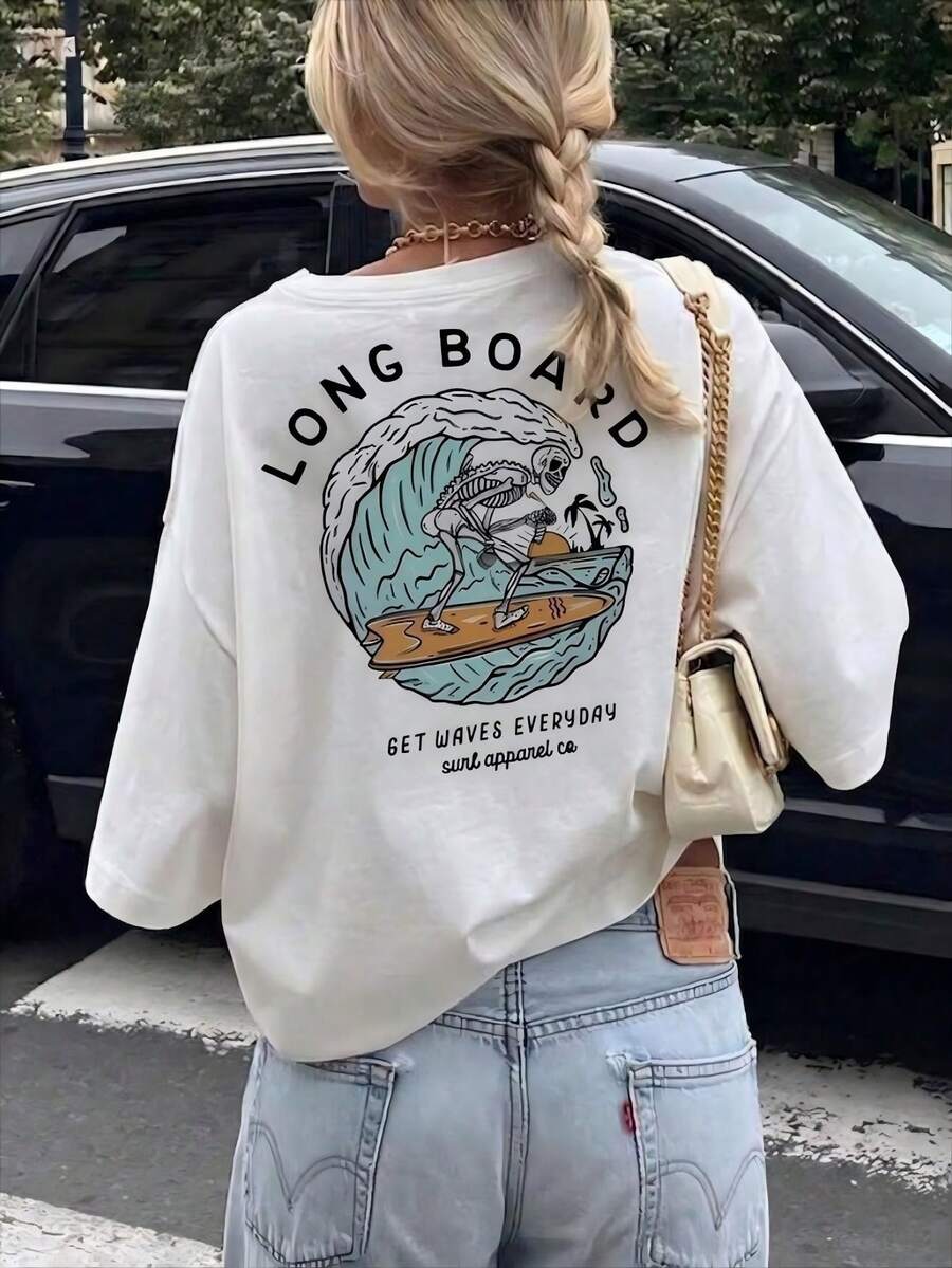 Women's Round Neck Printed Short Sleeve T-Shirt, Casual Loose Fit, Super Soft & Comfortable Fabric, Ins Street Fashion Style, Classic All-Match Graphic Tee, Breathable Lightweight Daily Basic Top, Perfect For Daily Wear, Casual Vacation, Office Commute, Outdoor Going Out, Weekend Gathering, Shopping And Leisure Activities, Ladies Oversized Casual Pullover T-Shirt - 白色 - 查看 1