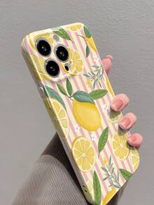 1pc Ins Style Fresh Lemon Flower Leaf Classic Striped Pattern Perforated Glossy Filmic Hard Phone Case, Suitable For IPhone 11/12/13/14/15/16 Pro Max - Multicolor - View 2
