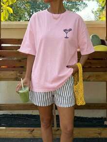 Women's Casual Loose Fit Beach T-Shirt With Lobster Stripe And Letter Print, Summer Beach Shirt, Pastel Colors, Suitable For Vacations, Graduation Trips, Beach Parties, Music Festivals - 淡粉紅色 2 - 查看 4