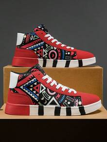 Men's Geometric Pattern Random Graffiti Print High-Top Lace-Up Red Stylish Sneakers, Versatile Rubber Anti-Slip Durable Sole, Suitable For Outdoor Sports For Teenagers - Black and Red - View 6