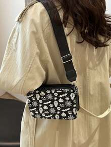 Bolso de hombro de mujer con estampado de calavera, bolso cruzado, bolso cuadrado, mini bolso para teléfono, bolso para lápiz labial y cosméticos - Negro - Ver 2