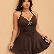 Elaquor Plus Size Women Metal Starfish Decor Halter Swimdress With Swimshorts Spring Beach Vacation Outfit Women Spring Swimdress For Women - Negro - Ver 6