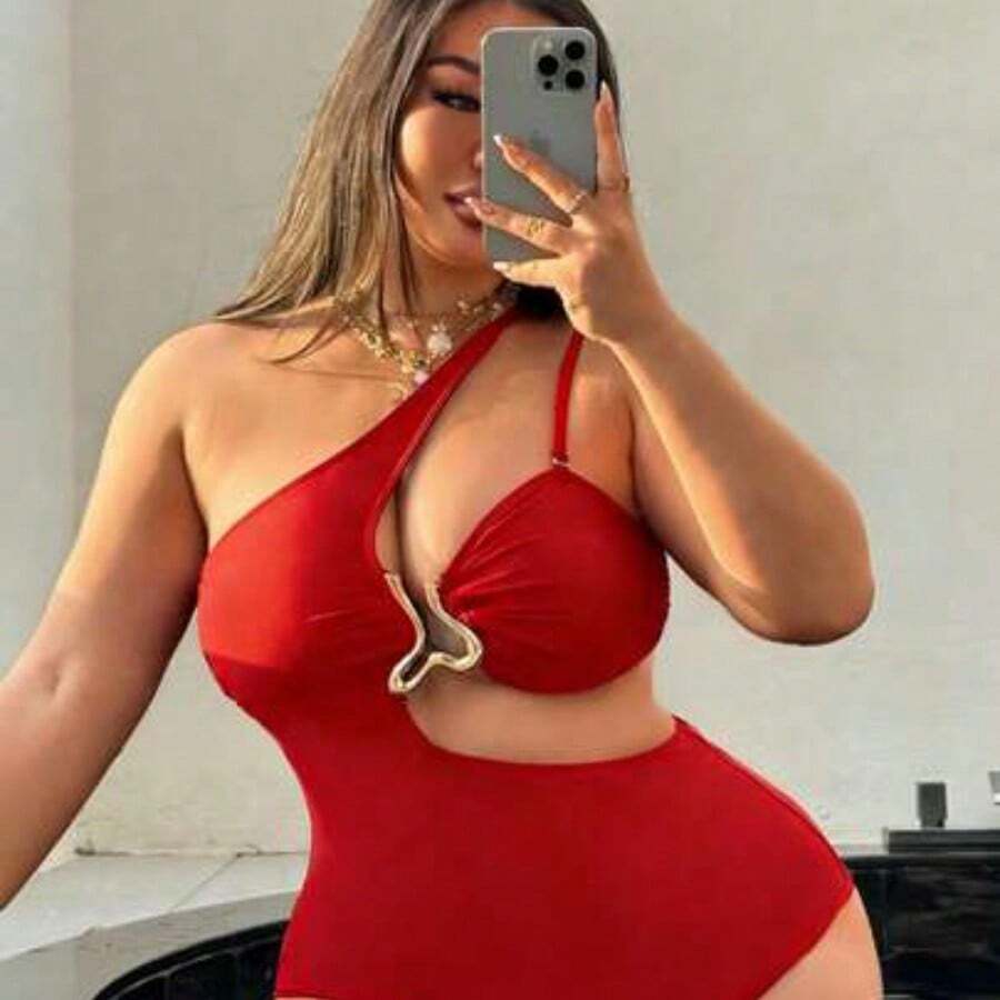 Swim  2026 New Plus Size Women Solid Color Halter Backless One-Piece Swimsuit With Detachable Straps - Rojo - Ver 1