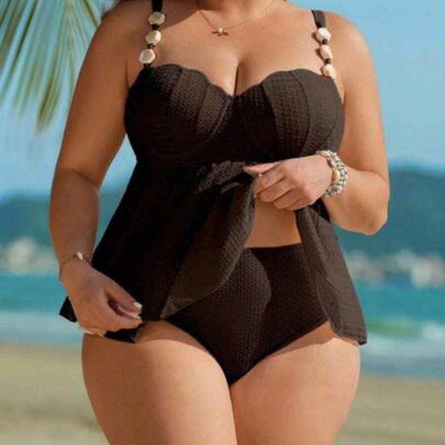Swim Lushoire Plus Size Printed Seashell & Stone Decor Tankini Swimsuit - Marrón Chocolate - Ver 1