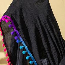 Swim Lushoire Plus Size Women Colorful Tassel Trim Side Slit Modest Beach Casual Long Cover Up Pants, For Summer Vacation - Negro - Ver 7
