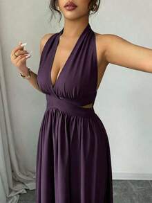 Elegante vestido sin mangas con cuello en V, diseño hueco en la cintura y pliegues, color morado, nueva llegada de primavera/verano - Ciruela intensa - Ver 2
