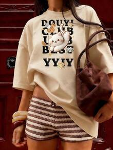 Short-Sleeve T-Shirt With Funny Cat And Youthful Calligraphy, Fashionable Short-Sleeve T-Shirt For Spring And Summer 2026, Made In Mexico, 180 Grams. Cartoon Print, Couple Design, Suitable For Indoor Or Outdoor Wear. Crew Neck, Unisex, Ideal For Office And Leisure. One-Pack. - APR-P631577SLNDXZGY397 - 查看 4