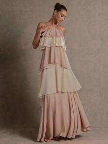 Vestido largo elegante y romántico de gasa con cuello de halter y volantes para invitados a una boda - Multicolor - Ver 6