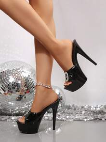 Sandali con tacco alto e punta aperta, eleganti e sexy, stile europeo 2026, adatti per ballo, feste e moda, pantofole di alta gamma, con tacco platform, scarpe estive - nero - Visualizzare 8
