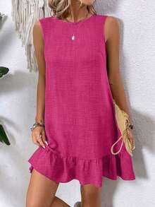 Elouméa Vestido sin mangas de unicolor, simple y diario, para vacaciones y playa - Rosa Fucsia - Ver 4