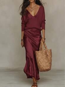 Women's Knit Sweater And Satin Slip Dress Two-Piece Set With - Burgundy Suit - View 1