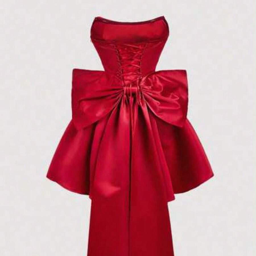 MOD Satin Fitted Bandeau Bow Decor Short Dress, Pink Corset Dress - Burdeos - Ver 1