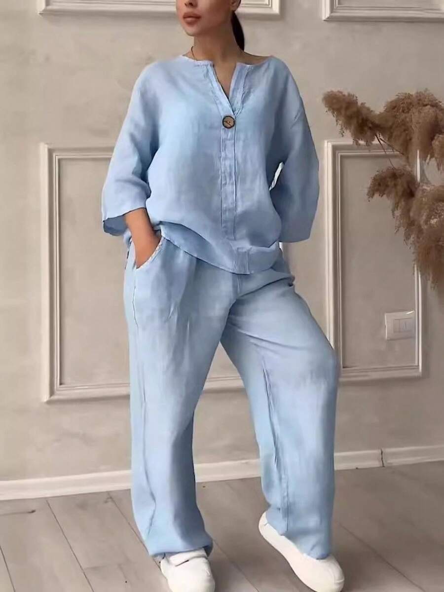 Casual Linen Co-Ord Set Ladies With Single Button Detail And Elastic Waist Trousers - Light Blue - View 1