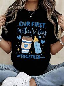 100% Cotton Our First Mother's Day T-Shirt Together For New Moms, Coffee And Baby Bottle Design, Gift For Mothers, Casual Top For Women - 黑色 - 查看 1
