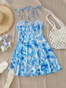 Vestido mini con tirantes de espagueti y estampado floral ditsy con lazo - Azul y blanco - Ver 2