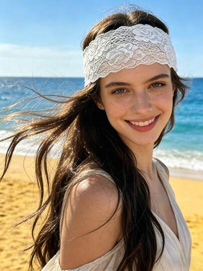 2 piezas Diadema de encaje floral vintage francés, estilo de vacaciones en la playa/estilo perezoso diario, accesorio para el cabello de estilo bohemio ancho