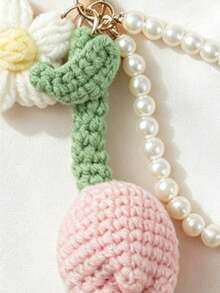 1 pieza Llavero de tulipán de ganchillo rosa, colgante de cadena de perlas, accesorio de estilo suave de chica para bolso, llavero, regalo de cumpleaños, llavero, accesorio de festival - Rosa - Ver 3