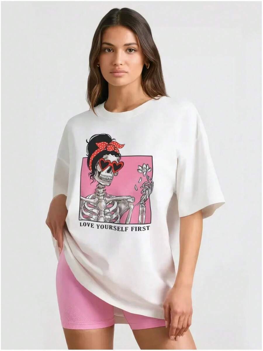 Camiseta de manga corta 100% algodón puro, nuevo estilo de verano, moderna, versátil, elegante, divertida, original, con diseño de dibujos animados, top chic. - Blanco - Ver 1