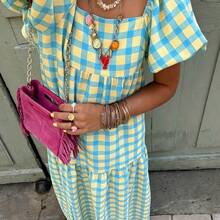 Flora Isola Flora Isola Yellow & Green Plaid Square Neck Puff Sleeve Maxi Dress - Retro Bohemian Style For Vacation, Daily Outings & Casual Wear, Women's Spring & Summer Dress - Multicolor - Ver 5
